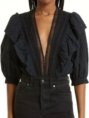 Farm Rio Black Plunge Neckline Ruffle Bodysuit – Size M